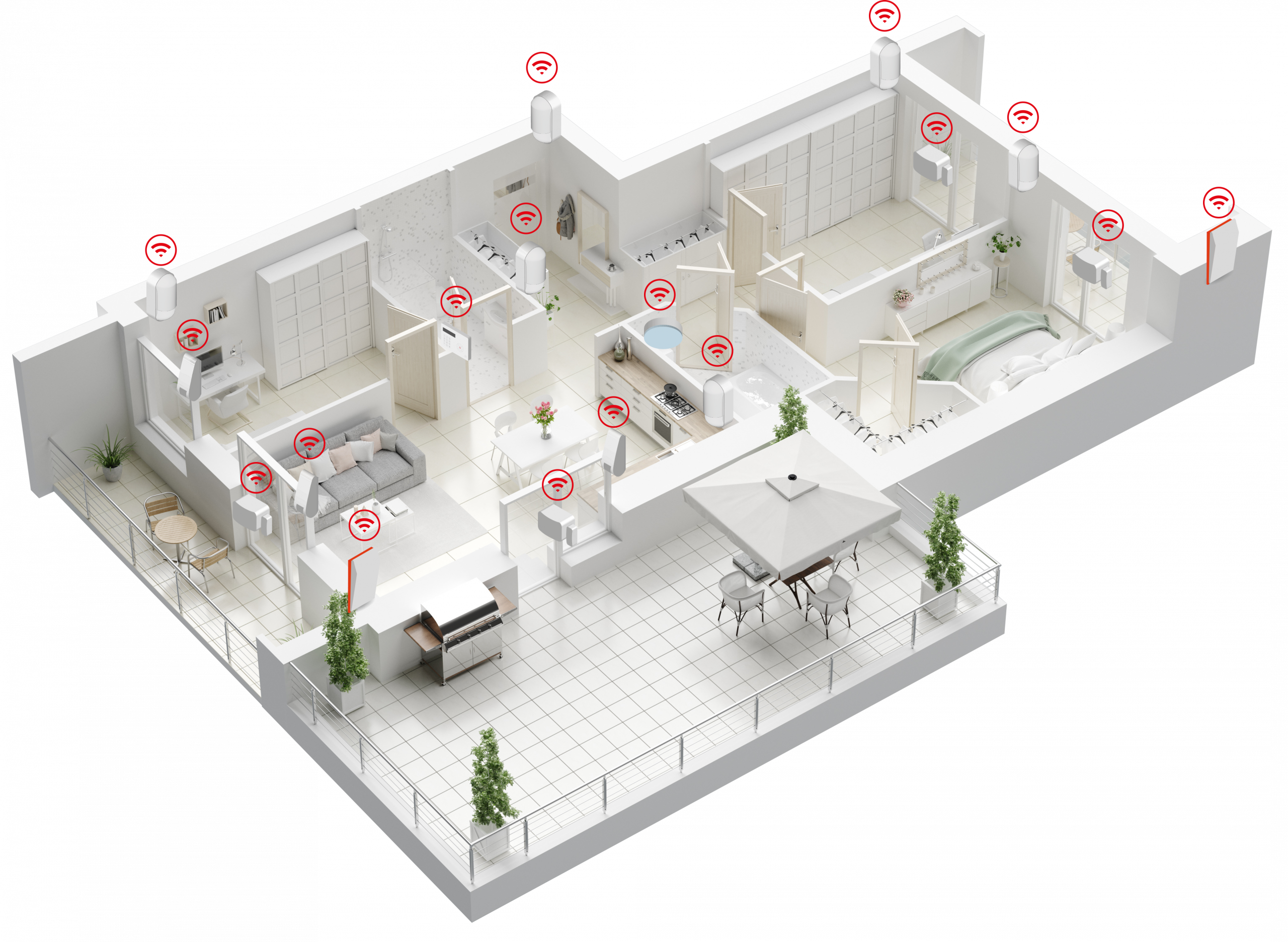 Bild: Zu sehen ist eine Wohnung mit mehreren Zimmern sowie die Aufzeigung der Möglichkeiteiten zur Installation von Sicherheitstechnik.